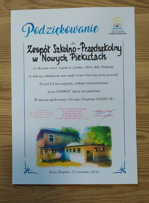 Podziękowanie od Publicznej Szkoły im. Janusza Korczaka w Nowym Świętowie Zdjęcie do artykułu Podziękowanie od Publicznej Szkoły im. Janusza Korczaka w Nowym Świętowie