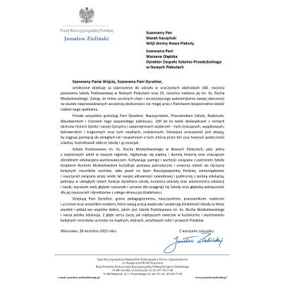 List pana Jarosława Zielińskiego, posła Rzeczypospolitej Polskiej