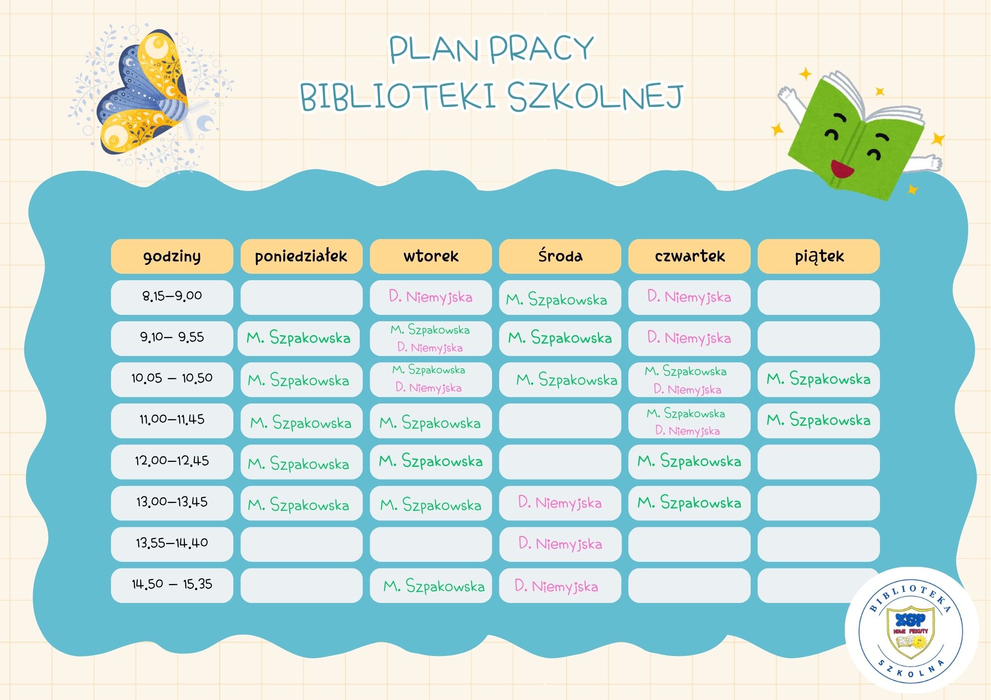 Godziny pracy biblioteki szkolnej i czytelni